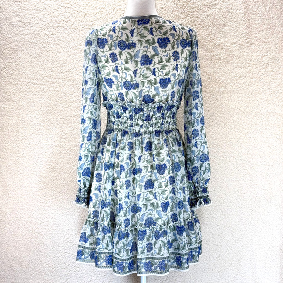 Max Studio Floral Print Mini Dress Size S Smoked Waist V-Neck Long Sleeve Boho - Picture 2 of 13
